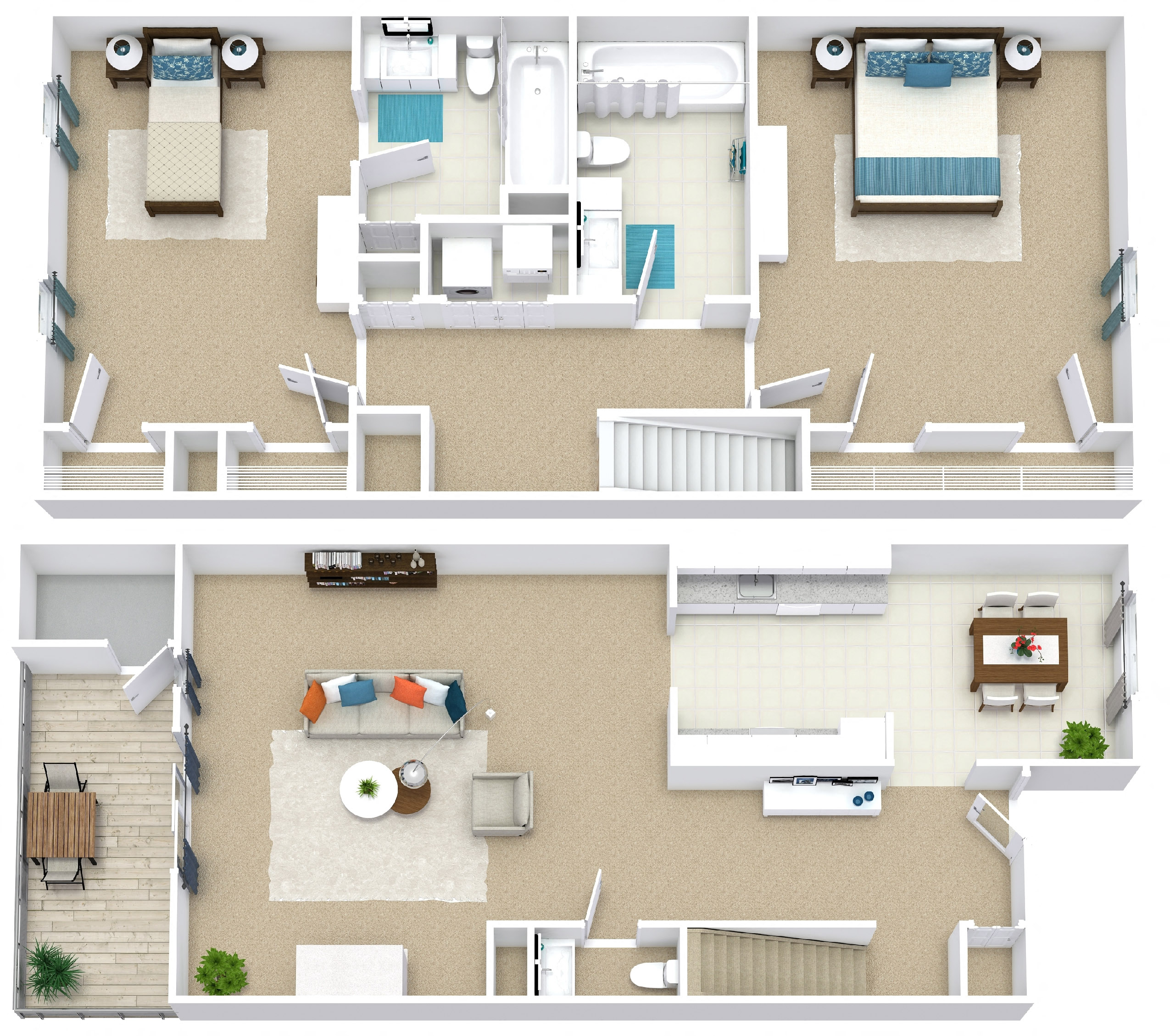 Floor plan for 2 beds, 2.5 baths, 1162 sqft